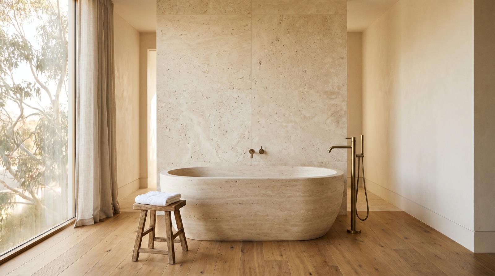 A finished premium contemporary Australian master bathroom with a freestanding travertine bathtub, brushed-brass tapware and warm oak flooring