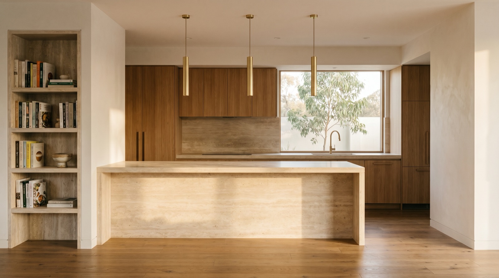 A finished premium Australian kitchen with a travertine waterfall island, brushed-brass pendant lights and timber cabinetry — illustrative of premium plumbing finishes