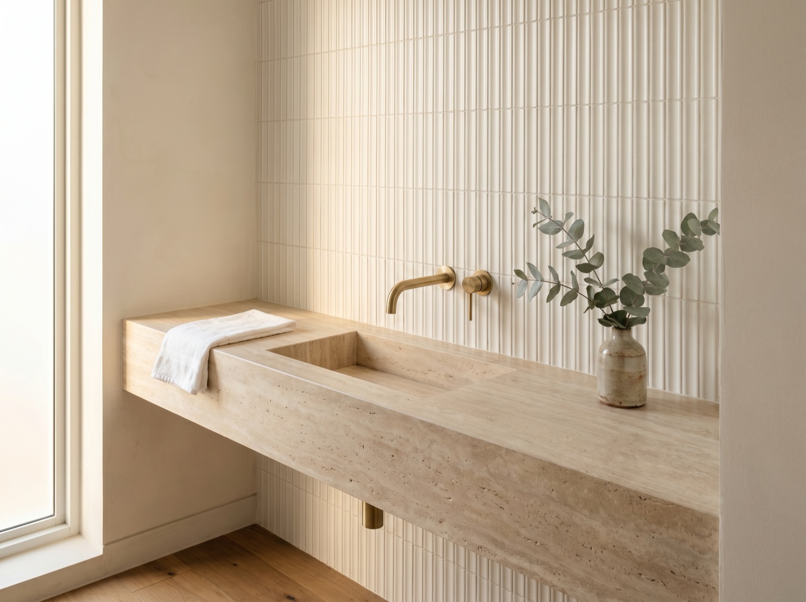 A finished premium ensuite bathroom vanity with travertine benchtop, brushed-brass wall-mounted mixer and fluted tile feature wall